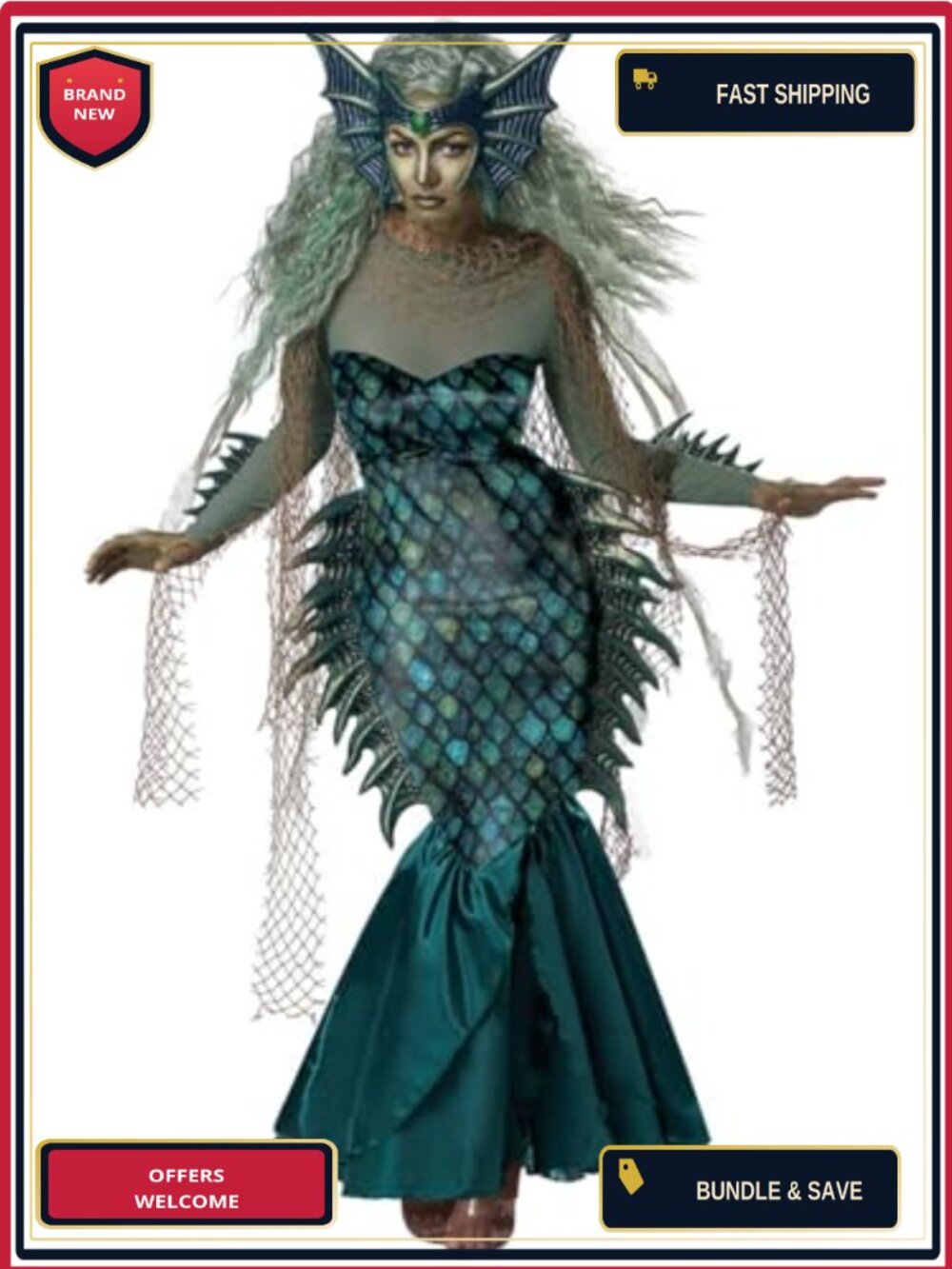 Dark Sea Siren Costume Dress Headpiece Shoulder Drapes Net Collar